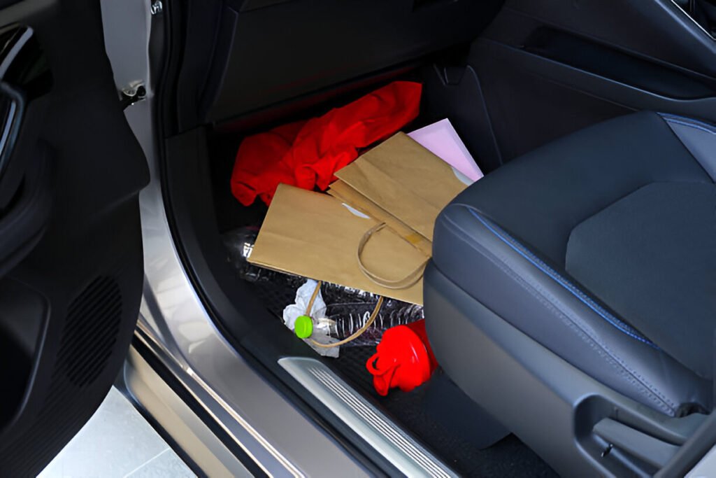 cluttered car interior